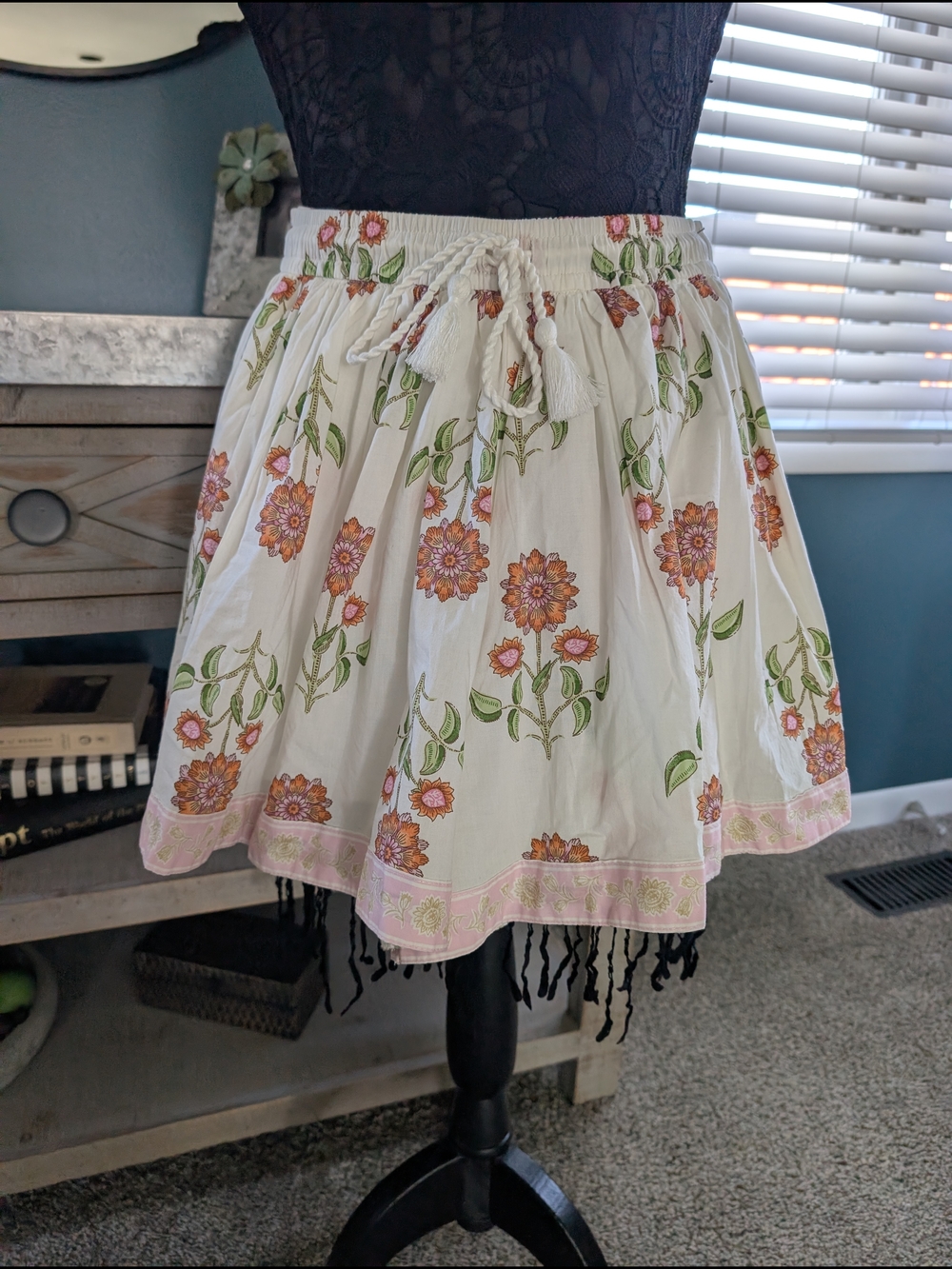 Boho White  Orange Floral Print Drawstring Skirt